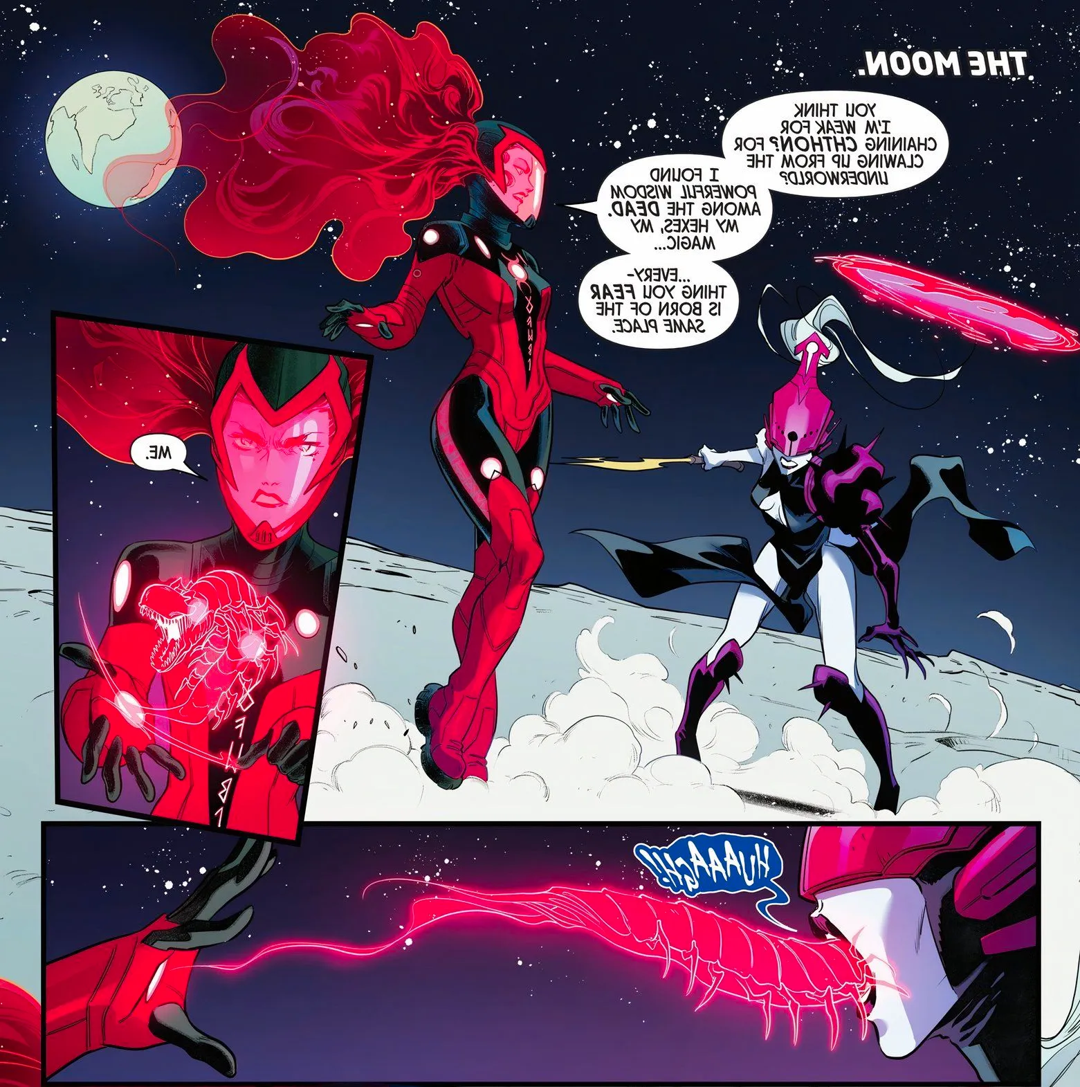 Scarlet Witch is pictured with a red full-face helmet fighting The Griever above clouds.  Image