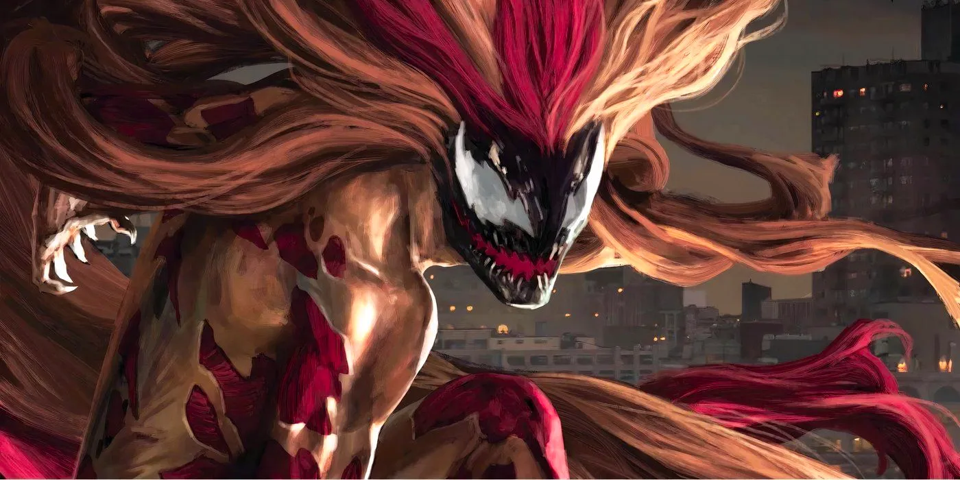 Scream symbiote overlooking a cityscape with her hairs going everywhere Image