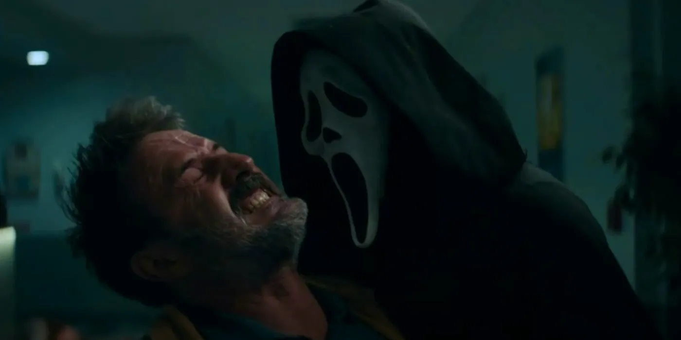 Screencap from Scream (2022) showing Ghostface stabbing Dewey Riley in the front and back. Dewey grimaces in pain while the masked killer leans in. Image