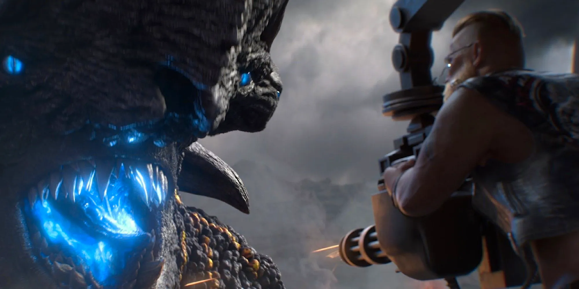 Screenshot from cinematic trailer for State of Survival: facing out of a plane, a gunman aims at a Kaiju Image