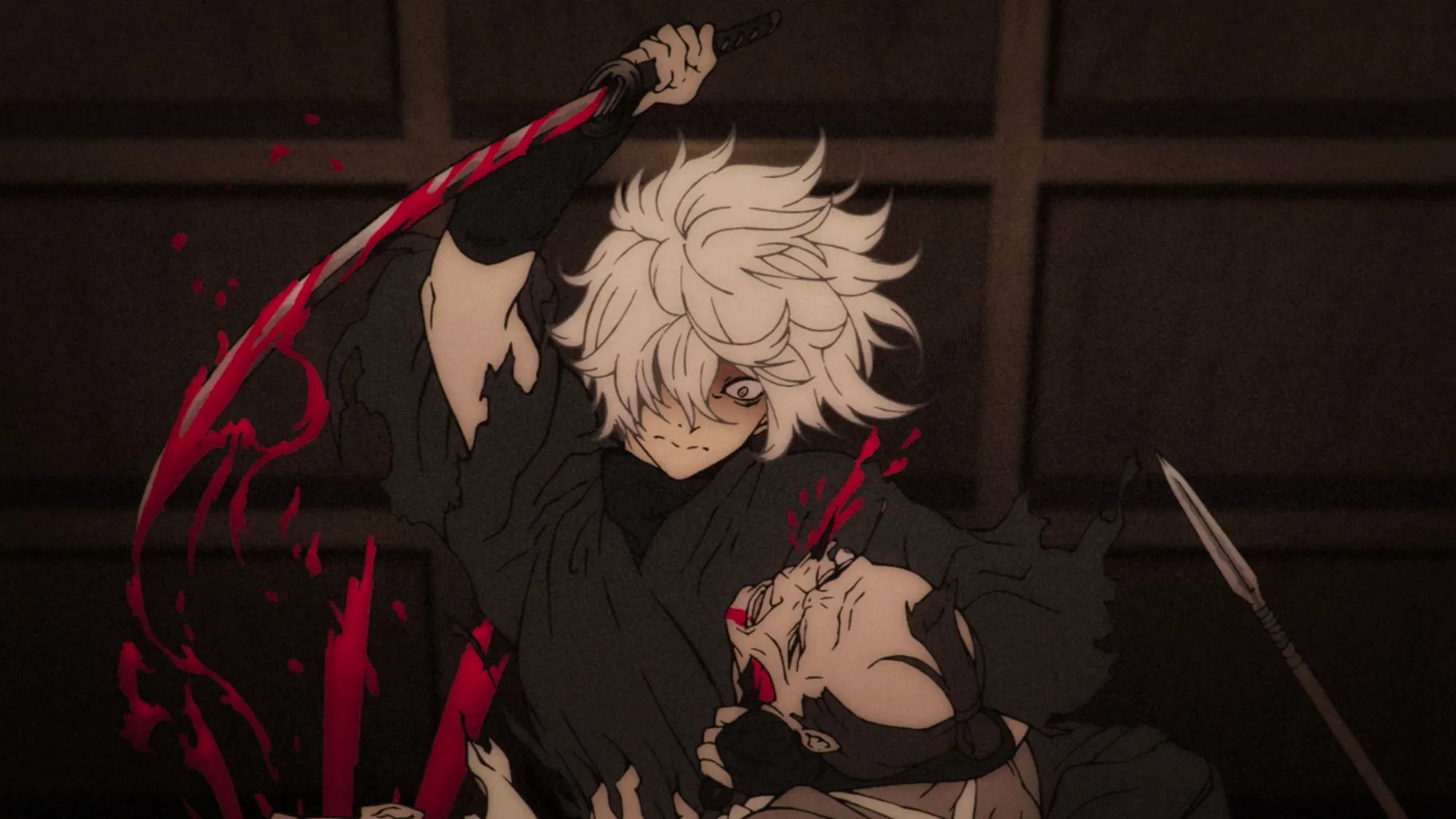 Screenshot from Hell's Paradise anime show main character Gabimaru holding a bloody sword and a kunai in his other hand while holding onto a man he was tasked to assassinate. Image