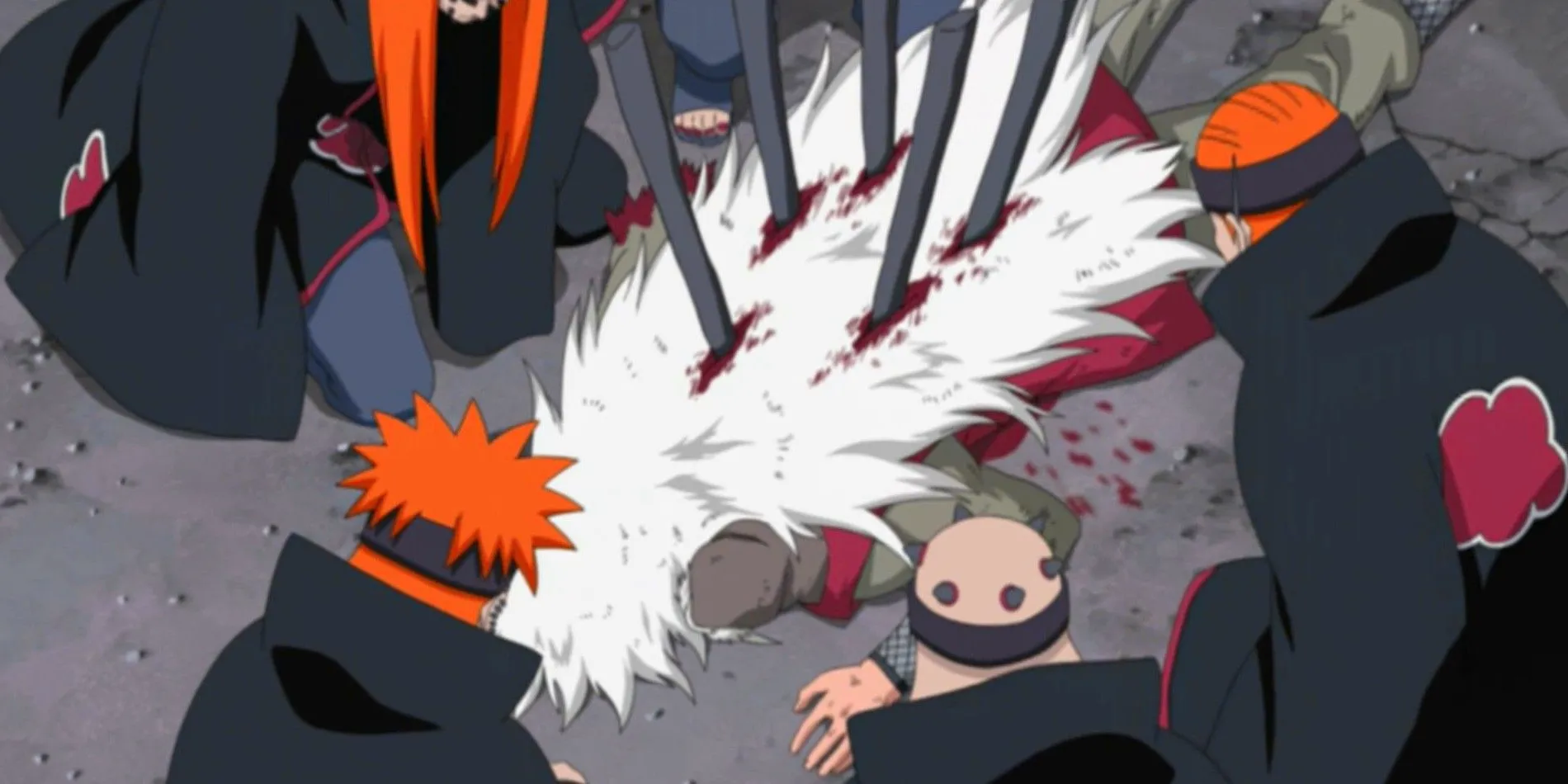 Screenshot from Naruto Shippuden anime show Jiraiya laying on the ground with 5 black rods in his back while 5 versions of Pain surround him. Image