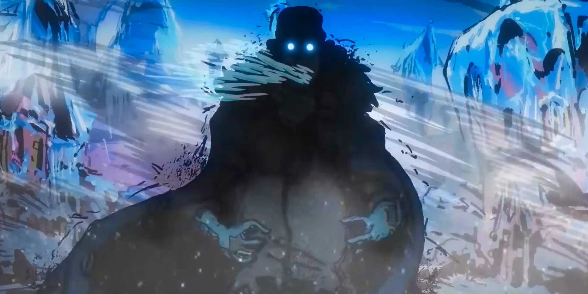 Screenshot from One Piece anime episode 1093 shows a heavily shadowed and intimdating Kuzan getting ready to use his ice devil fruit against Cracker on Whole Cake Island while his eyes glow white. Image