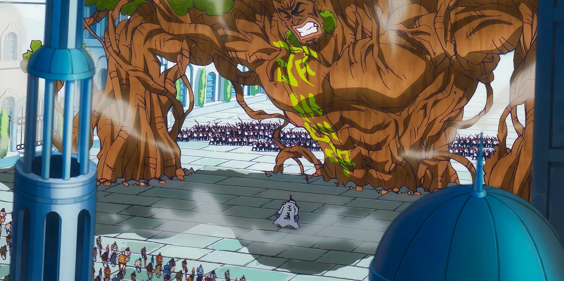 Screenshot from One Piece Anime Episode 1119 shows Issho wearing his Admiral jacket with dozens of slaves behind him while standing in front of Ryokugyu transformed into his tree form with Marines behind him. Image