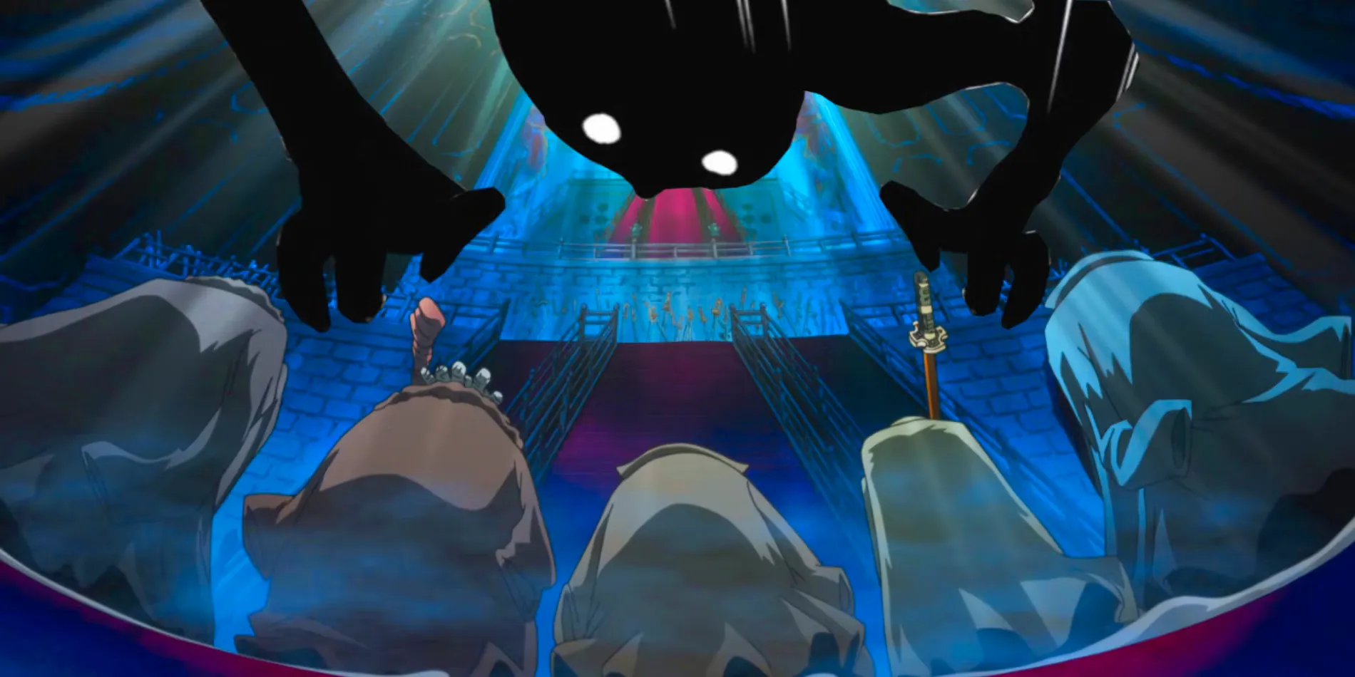 Screenshot from One Piece anime shows 5 elders aka the Gorosei bowing to the empty throne which has Imu in their black monster form siloutte. Image