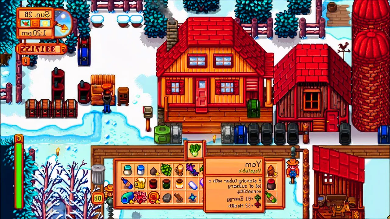 Screenshot from Stardew Valley showing the farm in winter with the player inventory open Image