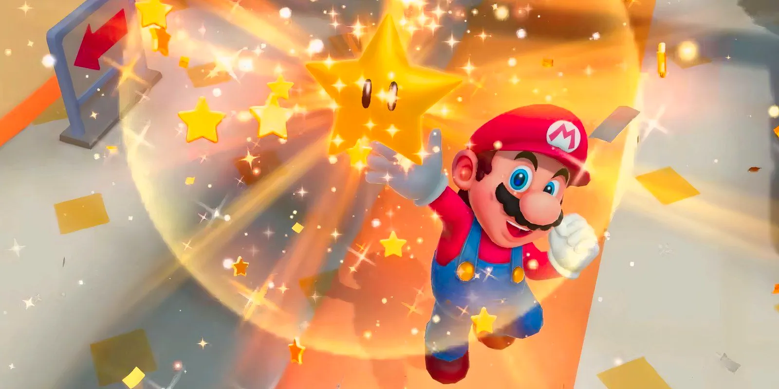 Screenshot from Super Mario Party Jamboree shows Mario jumping into the air while smiling after he Earns a Star. Image