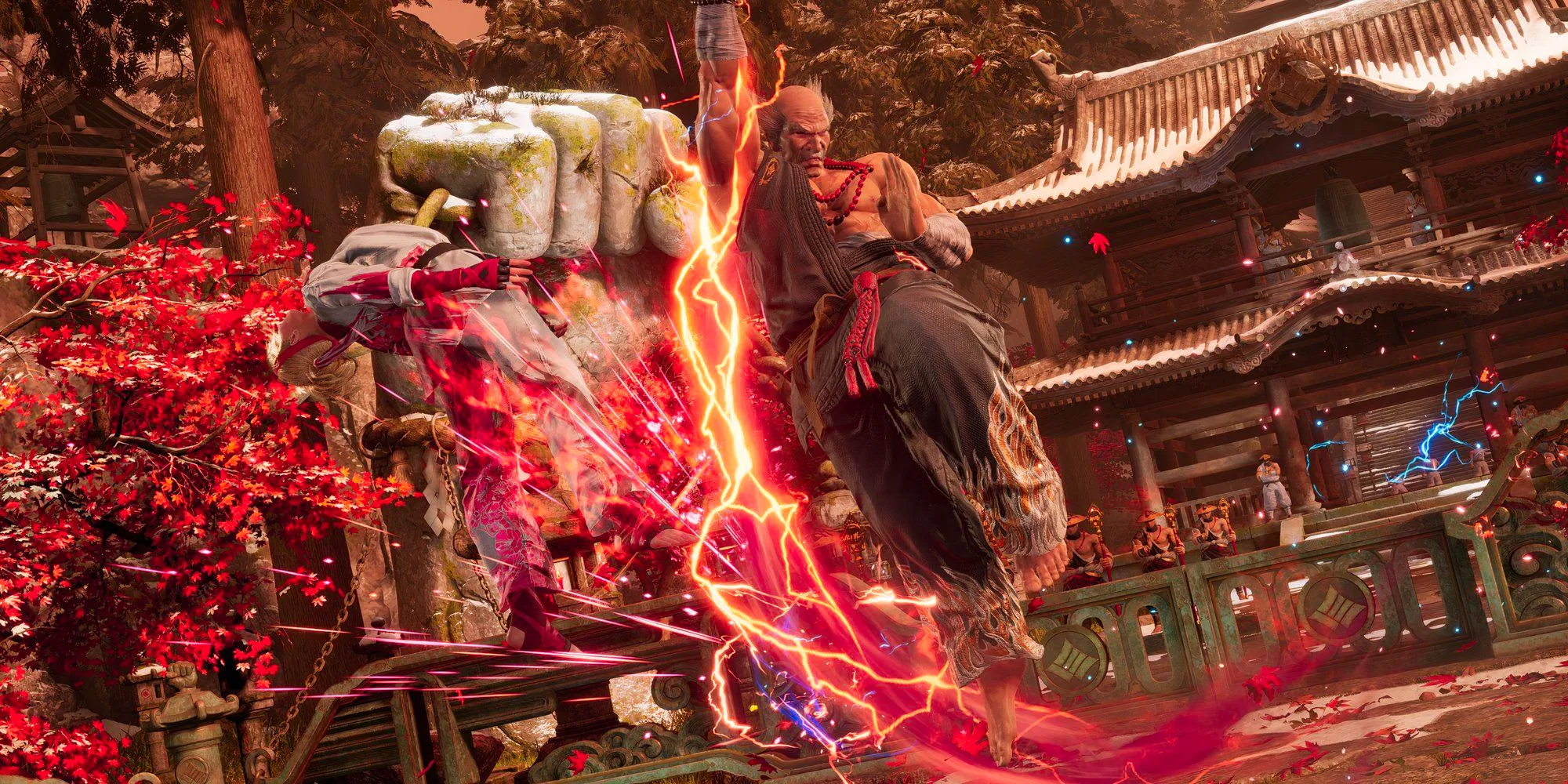 Screenshot from Tekken 8 shows Heihachi using a flying Uppercut against Lidia from the Unforgotten Echos DLC story mode. Image