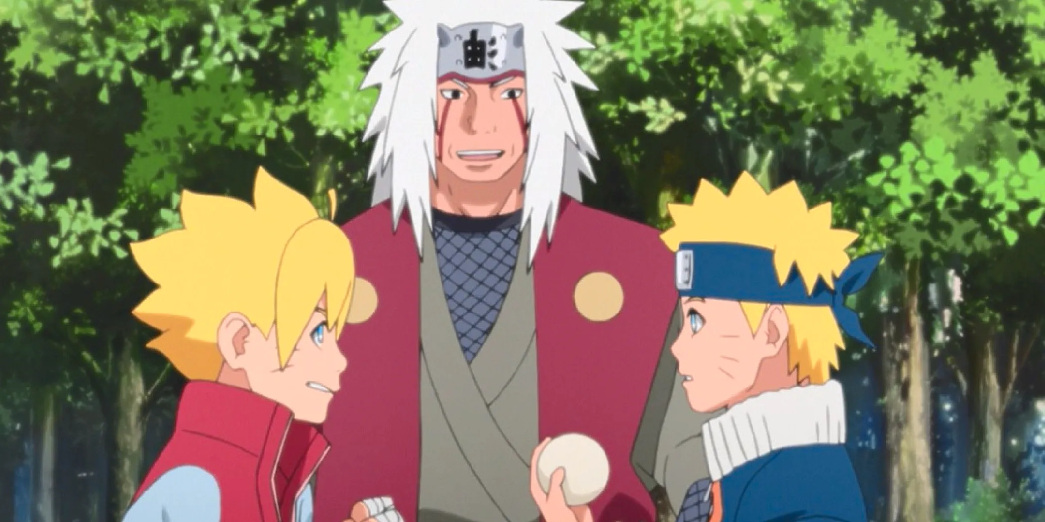 Screenshot from the Boruto anime shows a young Genin Naruto holding a rubber ball while a frustrated Boruto stands in front of him. Jiraiya stands behind them. Image