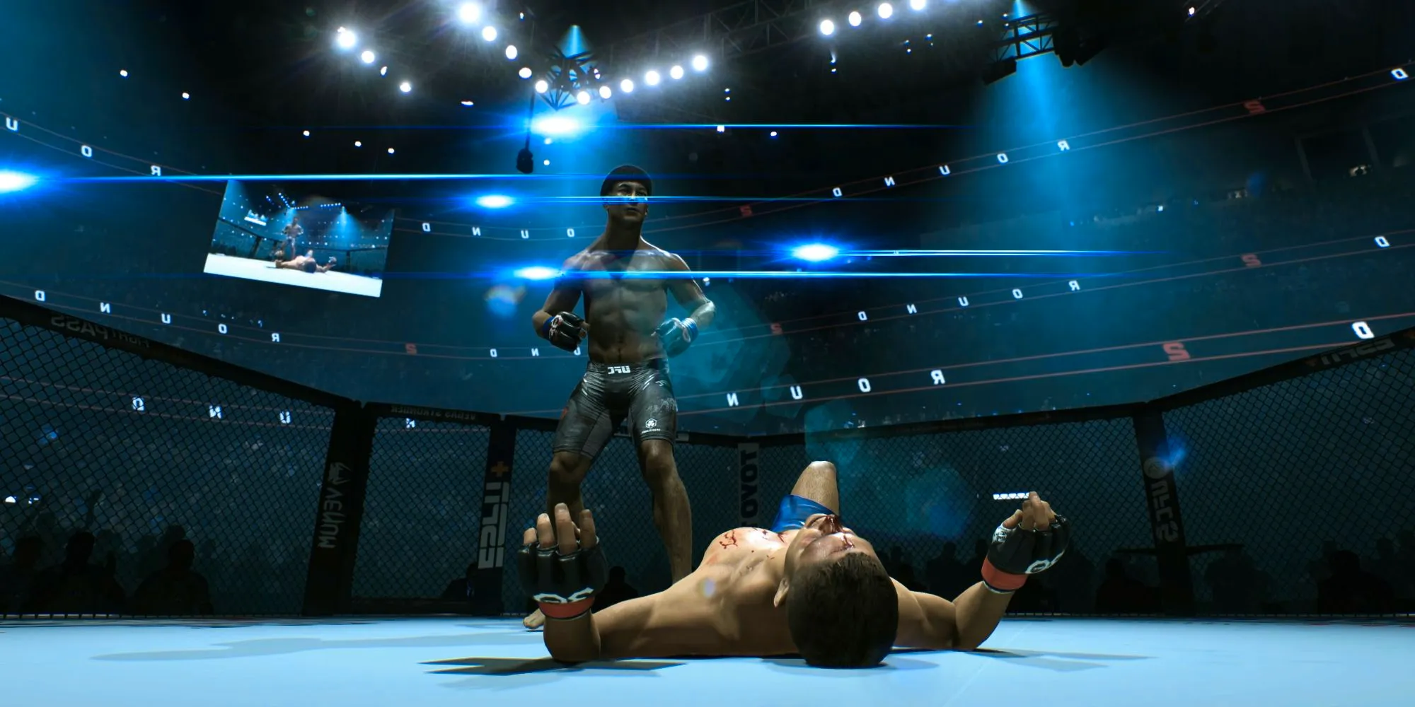 Screenshot from UFC 5 shows custom character towering over a defeated opponent in the octagon while lights reflect from the rafters and the crowd is obscured by fog and shadows. Image