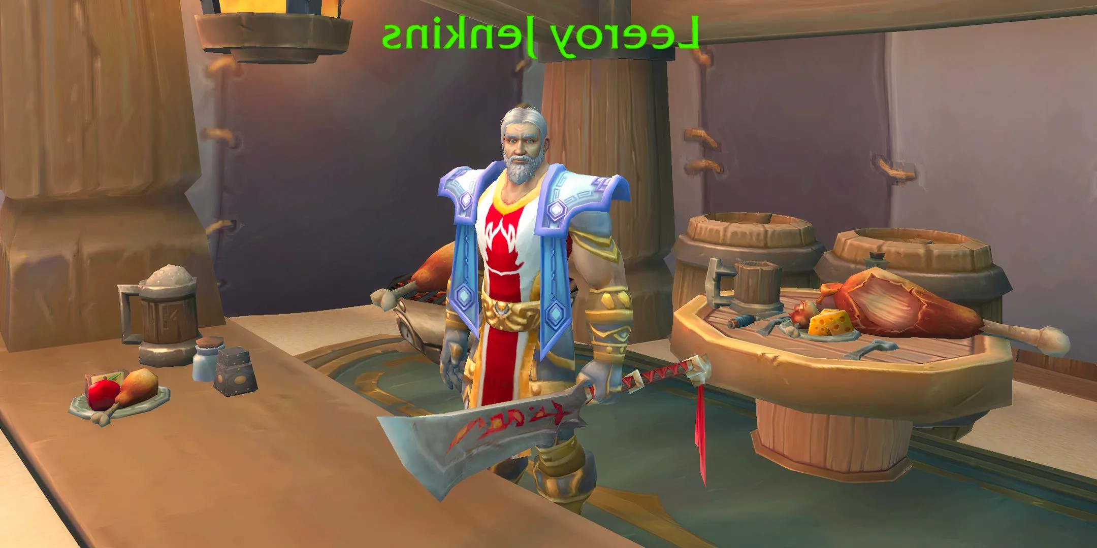 Screenshot from World of Warcraft of the character Leeroy Jenkins selling chicken at the 20th Anniversary Event Image