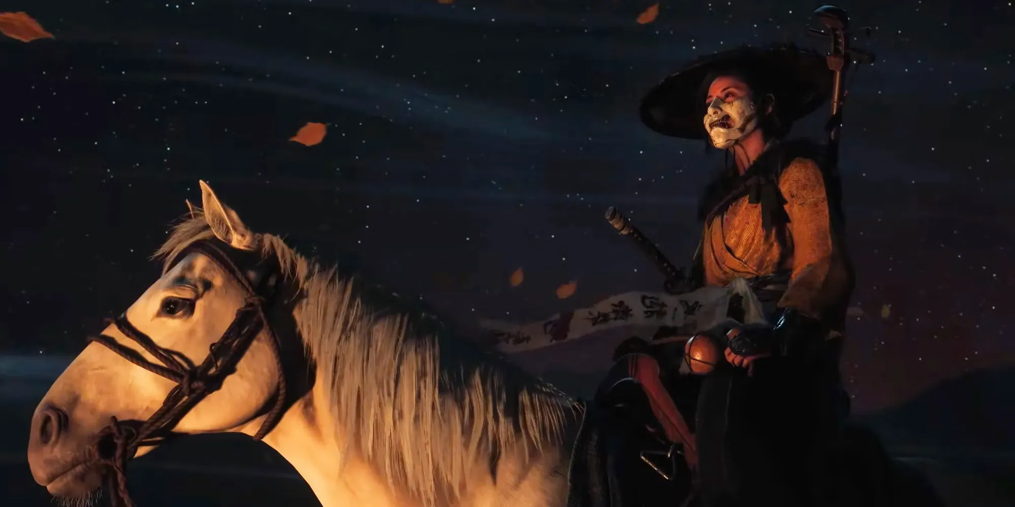 Screenshot of a character in a half-mask, riding a horse in Ghost Of Yotei's first trailer.  Image