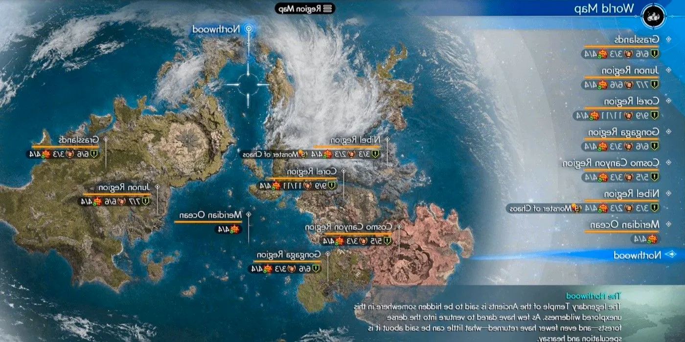 Screenshot of the Final Fantasy 7 Rebirth world map with regions labeled. Image