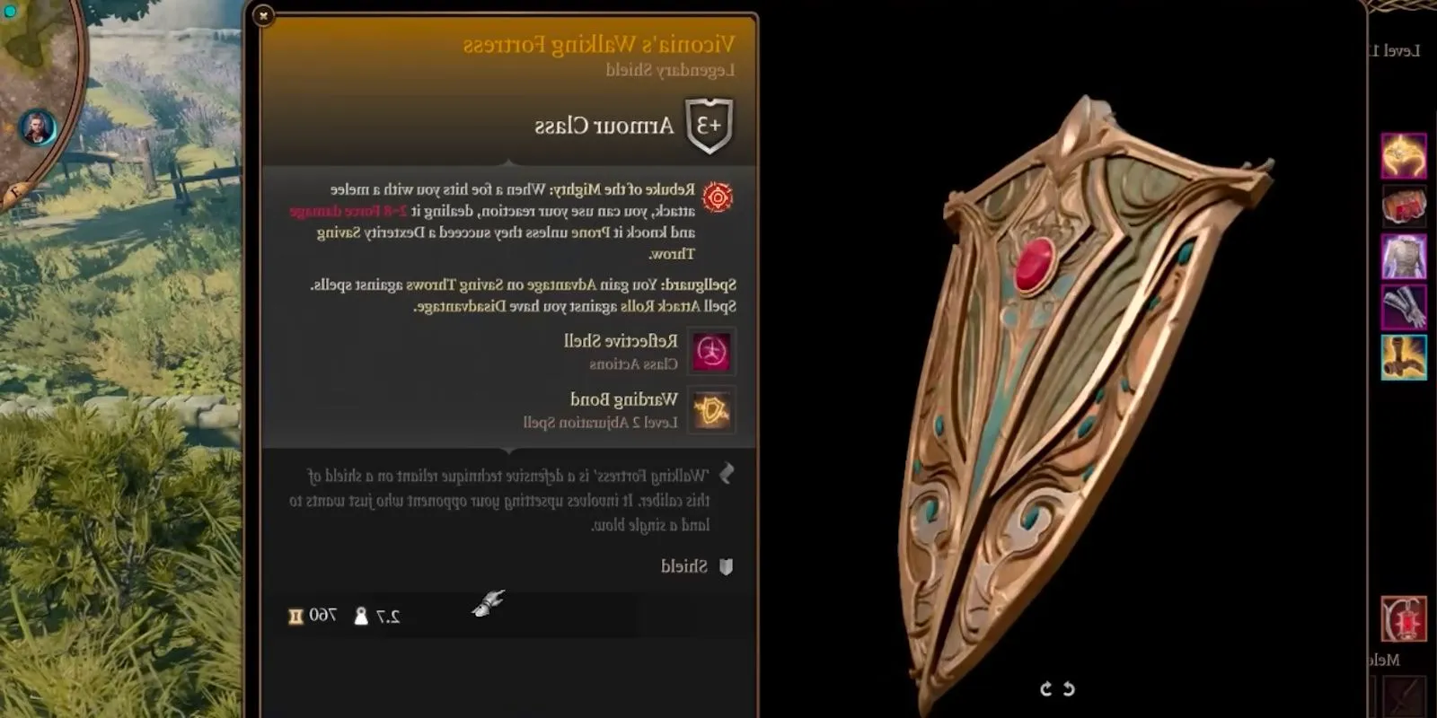 Screenshot showing the item description for Viconia's Walking Fortress a shield in Baldur's Gate 3. Image