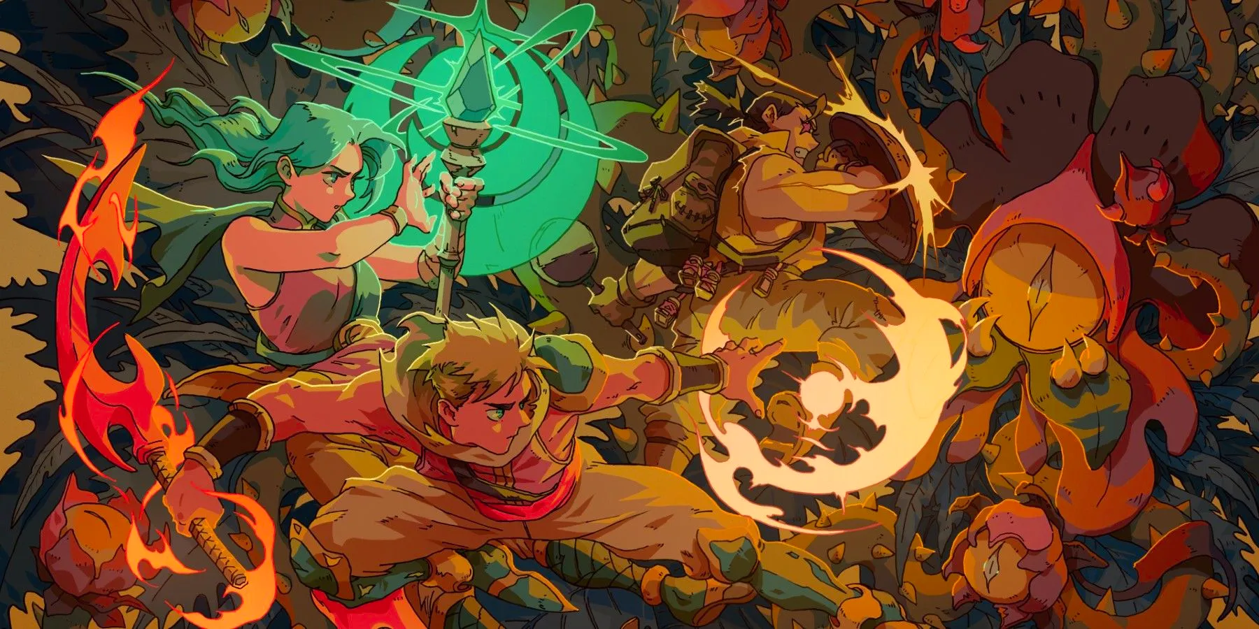 Sea of Stars' protagonists fighting using a glowing blue staff and fire to attack giant monsters. Image