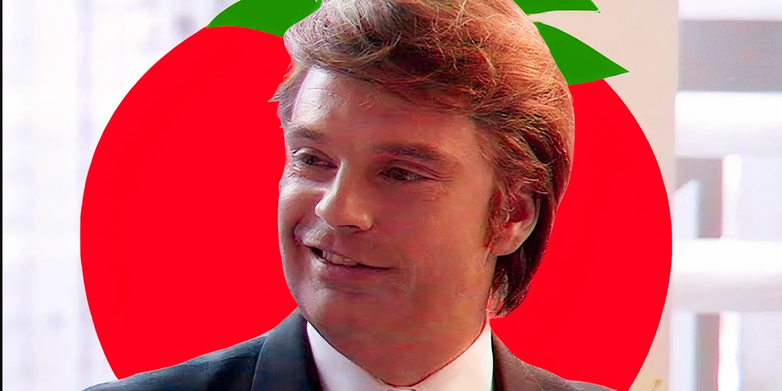 Sebastian Stan as Donald Trump smiling in The Apprentice with the fresh RT symbol in the background Image