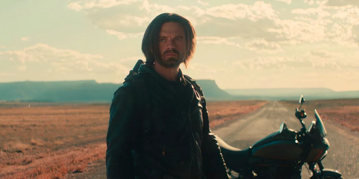 Sebastian Stan's Bucky Barnes confronting the Thunderbolts in a desert in the Thunderbolts (2025) trailer Image