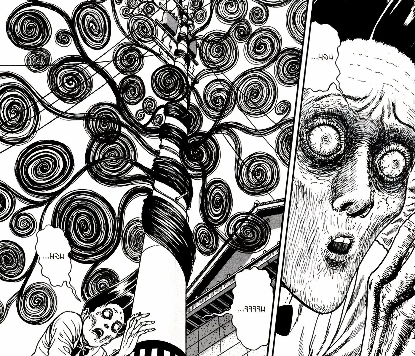 Sekino's hair wrapping itself around a telephone pole in Uzumaki. Image