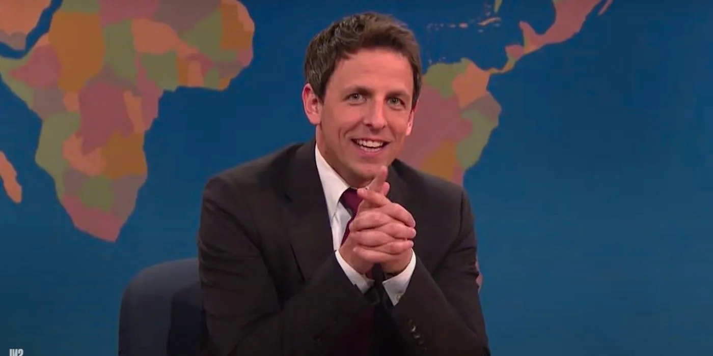 Seth Myers delivers a line on the Weekend Update Sketch from SNL Image