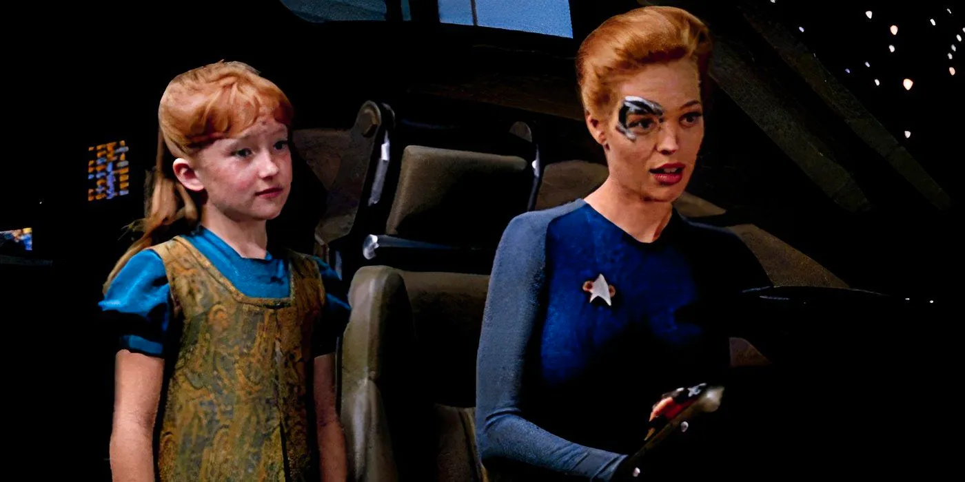 Seven of Nine (Jeri Ryan) and Naomi Wildman (Scarlett Pomers) in the Delta Flyer from Star Trek: Voyager. Image