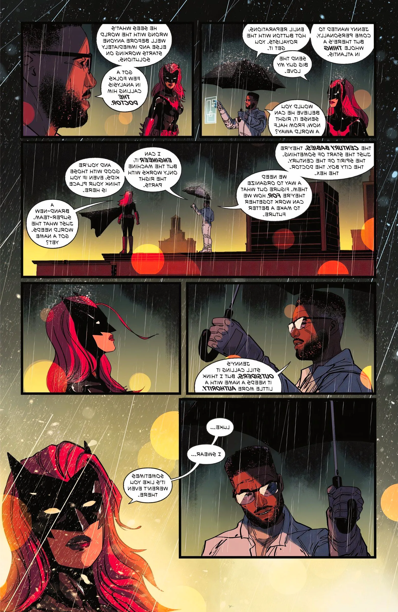 Seven panels of Batwoman and Luke Fox, setting up the return of the Authority. Image