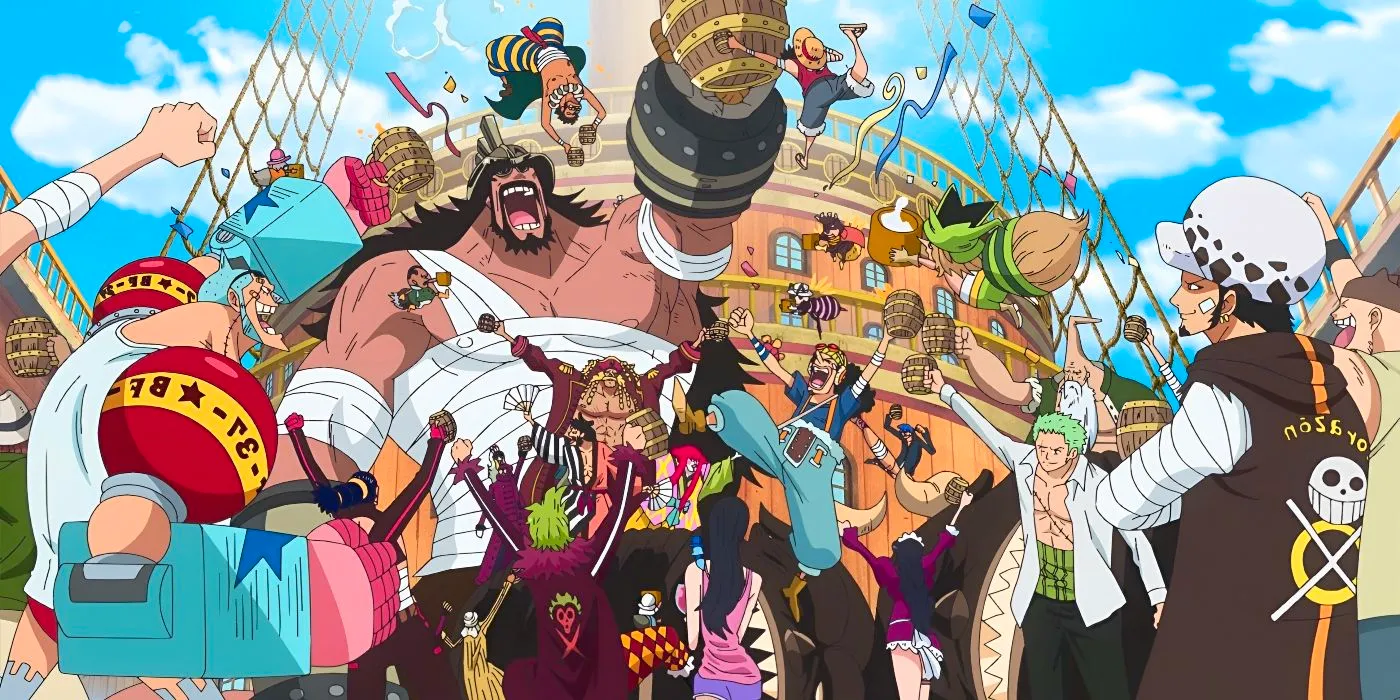 Seven pirate crews pledge their loyalty to Luffy over sake and form the Straw Hat Grand Fleet after their victory at Dressrosa in One Piece.  Image