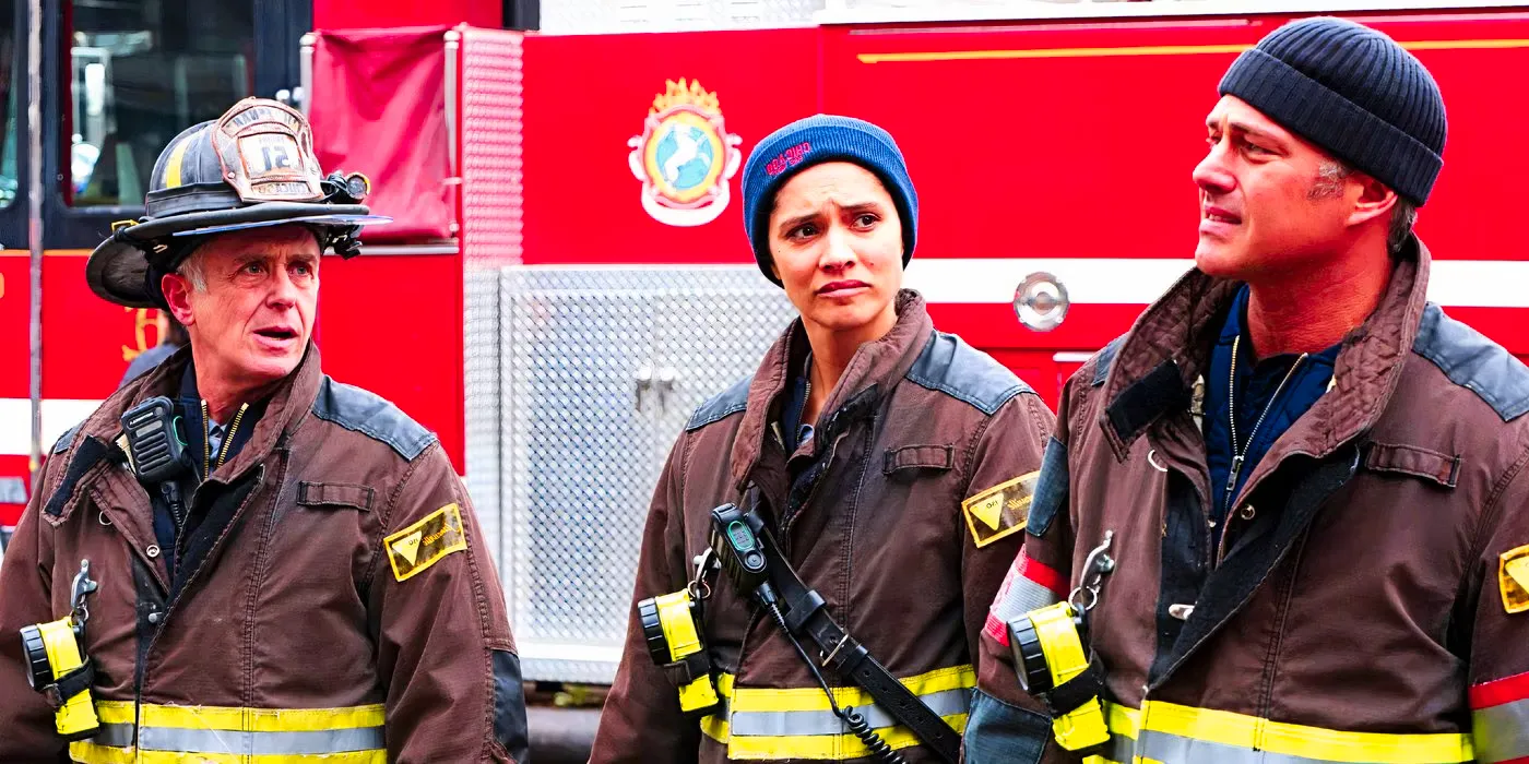 Severide, Kidd, and Hermann stand next to the fire engine in Chicago Fire Image