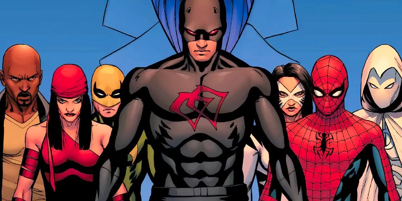 Shadowland Daredevil in the middle surrounded by other heroes like Spider-Man and Elektra Image