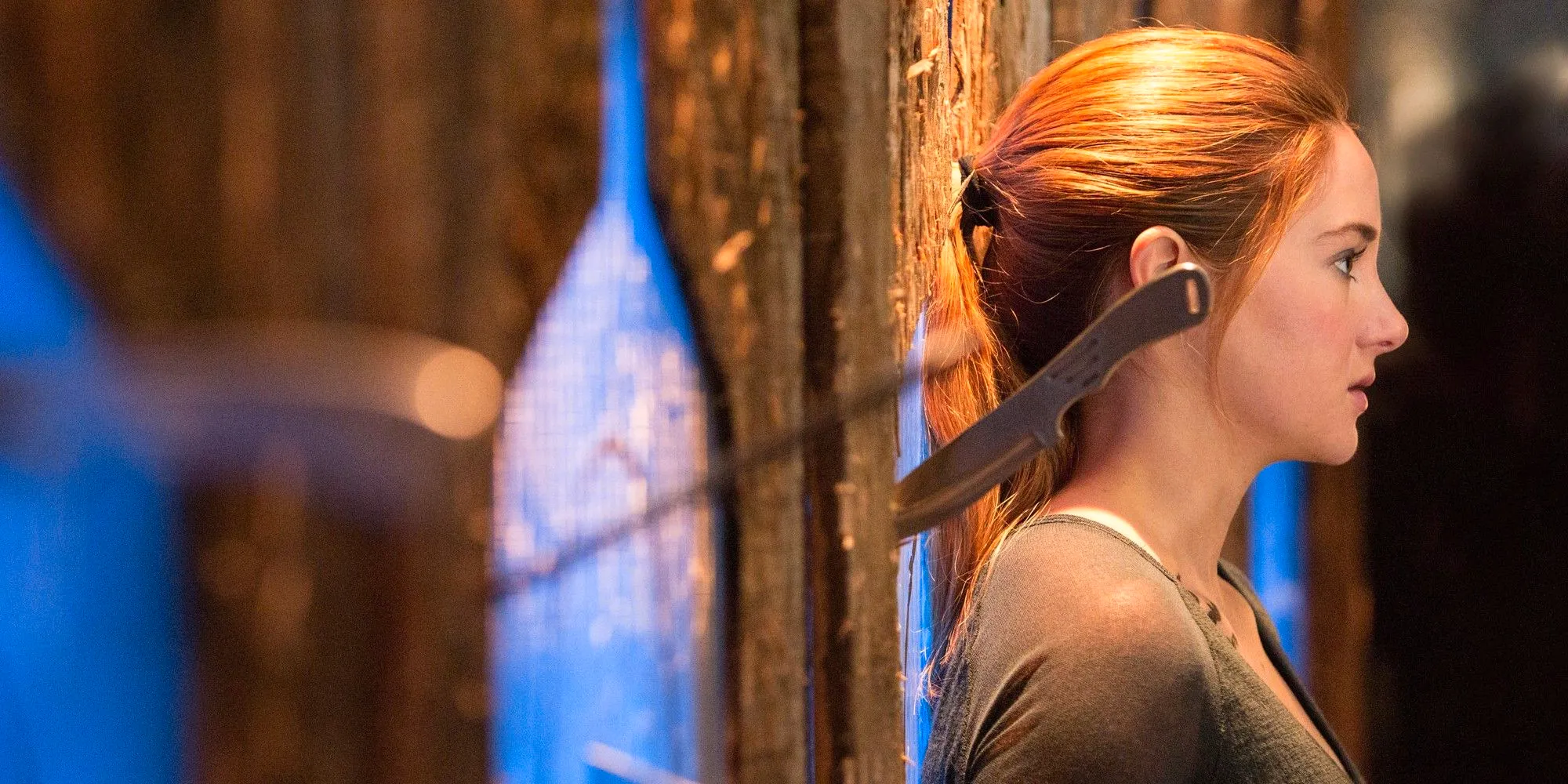 Shailene Woodley narrowing missing a nife thrown at her in Divergent Image