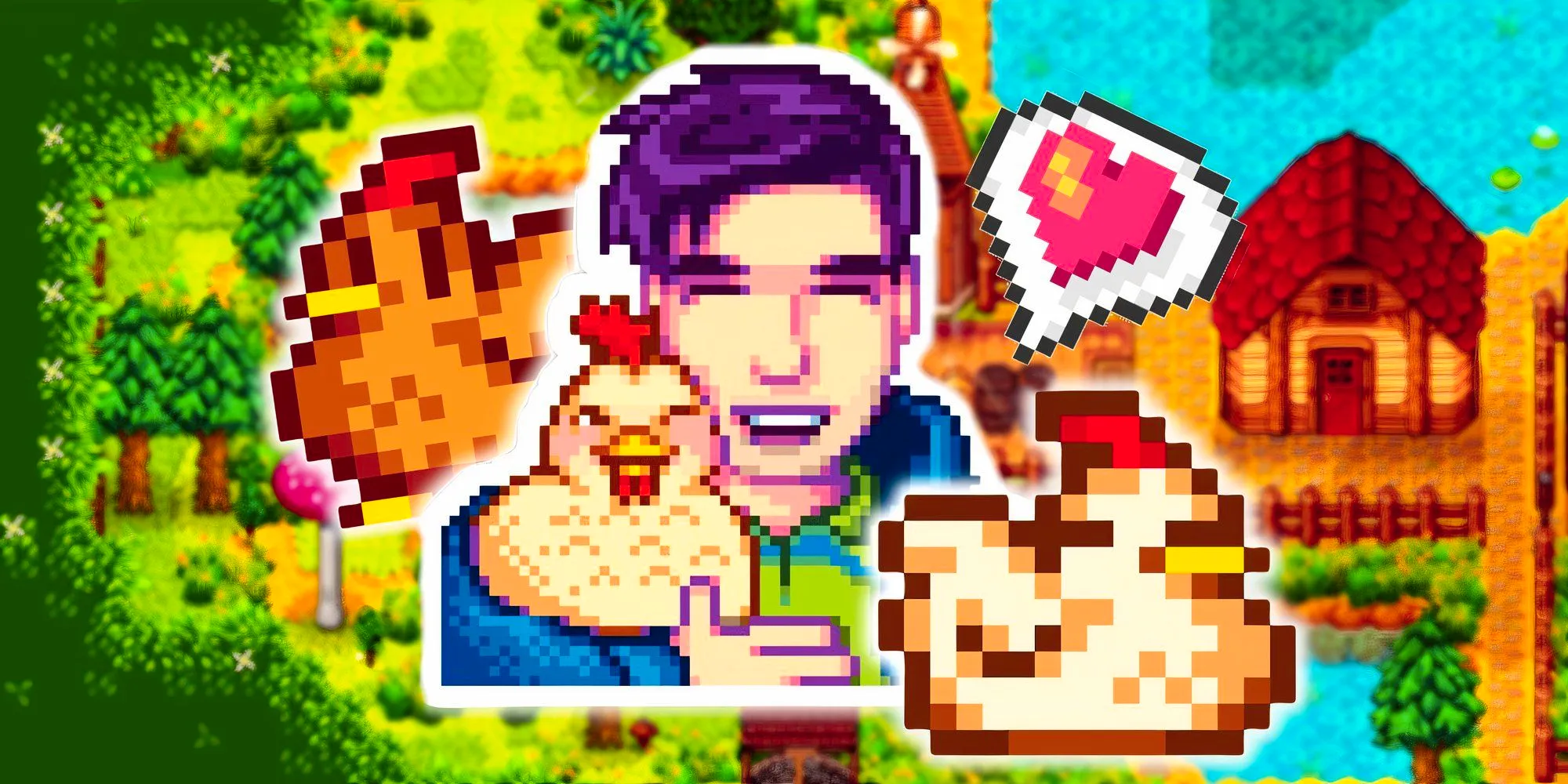 Shane from Stardew Valley holding a chicken, with two more chickens and a heart speech bubble surrounding him. Image