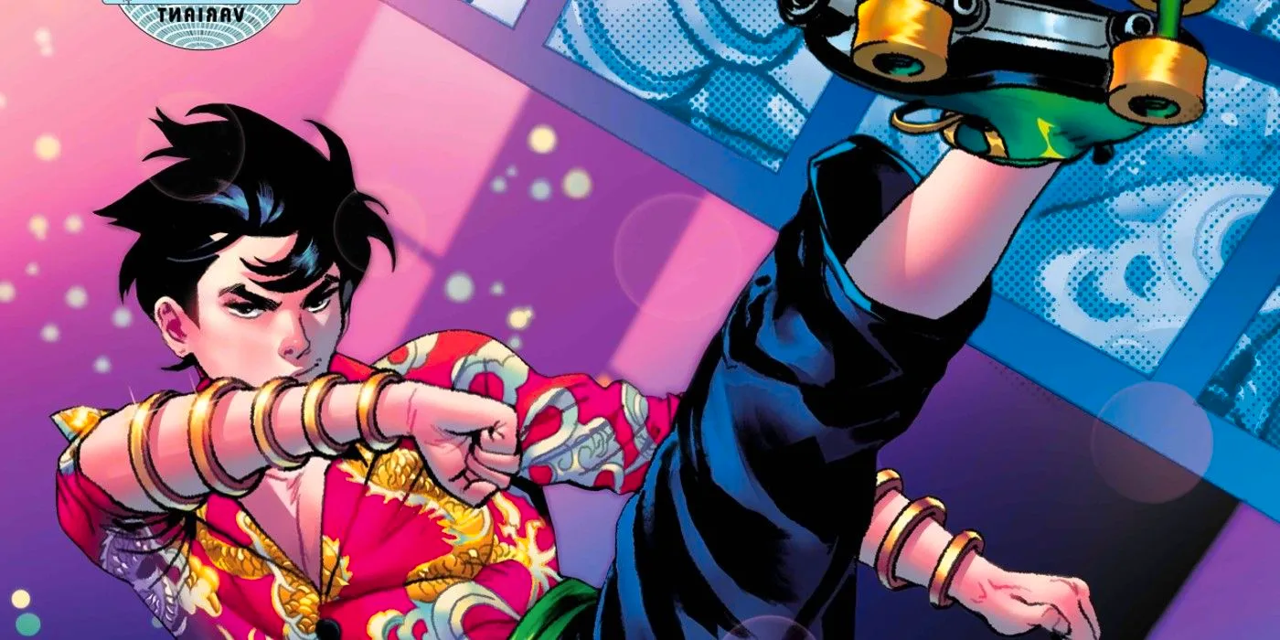 Shang-Chi performs a kick while wearing roller skates on a Disco Dazzler variant cover. Image