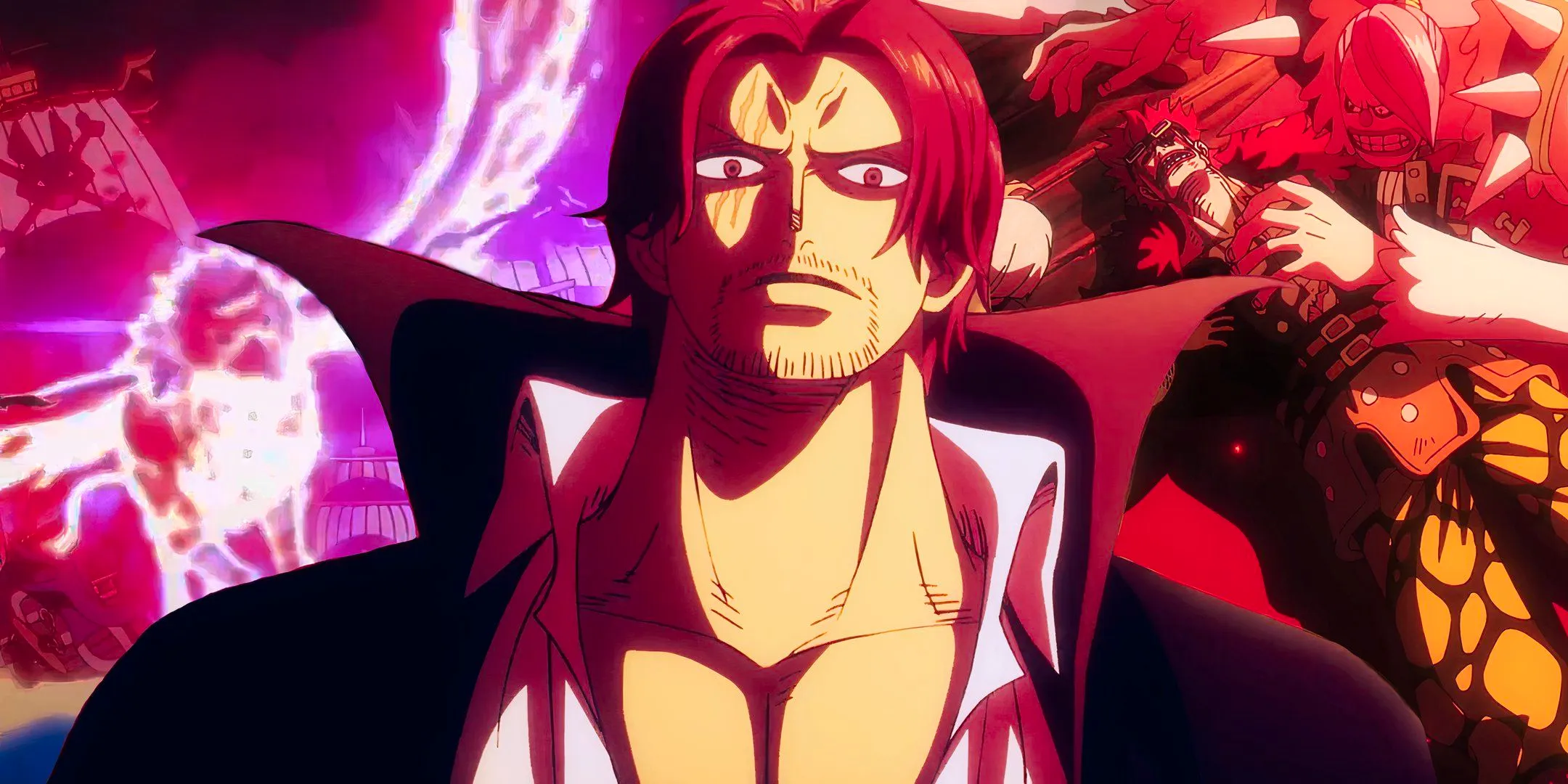 Shanks looking intimidating in one piece with a defeated eustass kid surrounded by his crew mates in the background to the left and glowing griffin symbolizing shanks' haki in the bg to the right Image