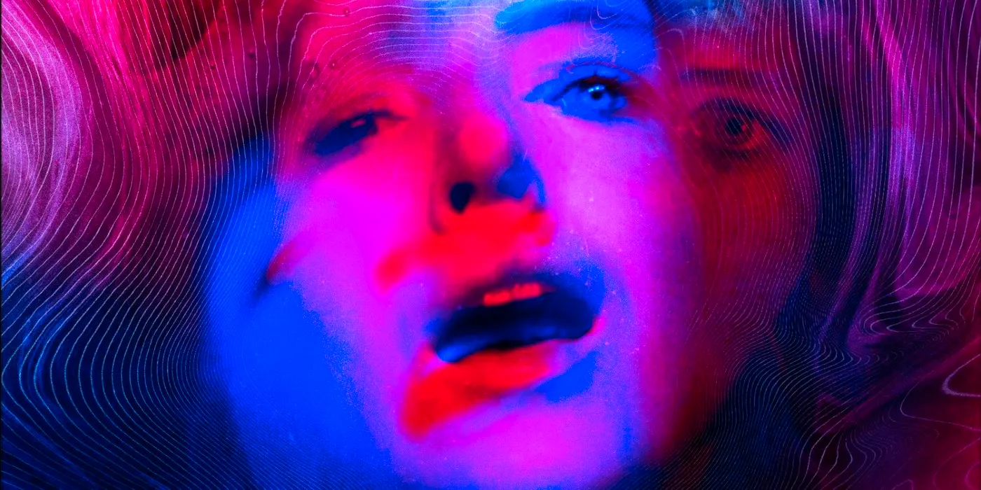 she dies tomorrow poster featuring a gasping face distored and oversaturated with shades of red blue and purple Image