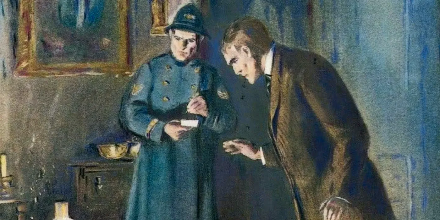 Sherlock with a police officer In A Study In Scarlet by Arthur Conan Doyle Image