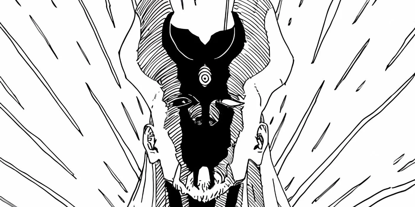 Shibai as a god, with white lines coming out from behind him.  Image