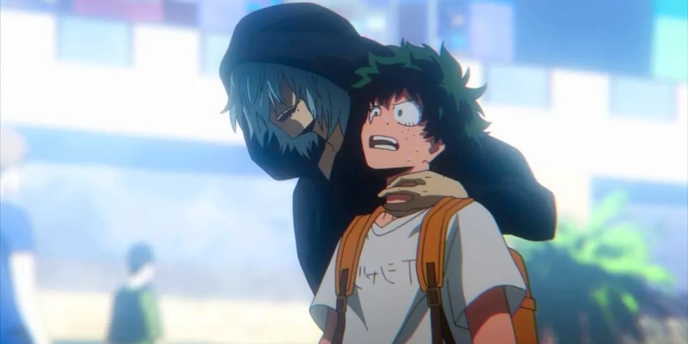 Shigaraki holing Deku by the troath in the middle of a mall Image