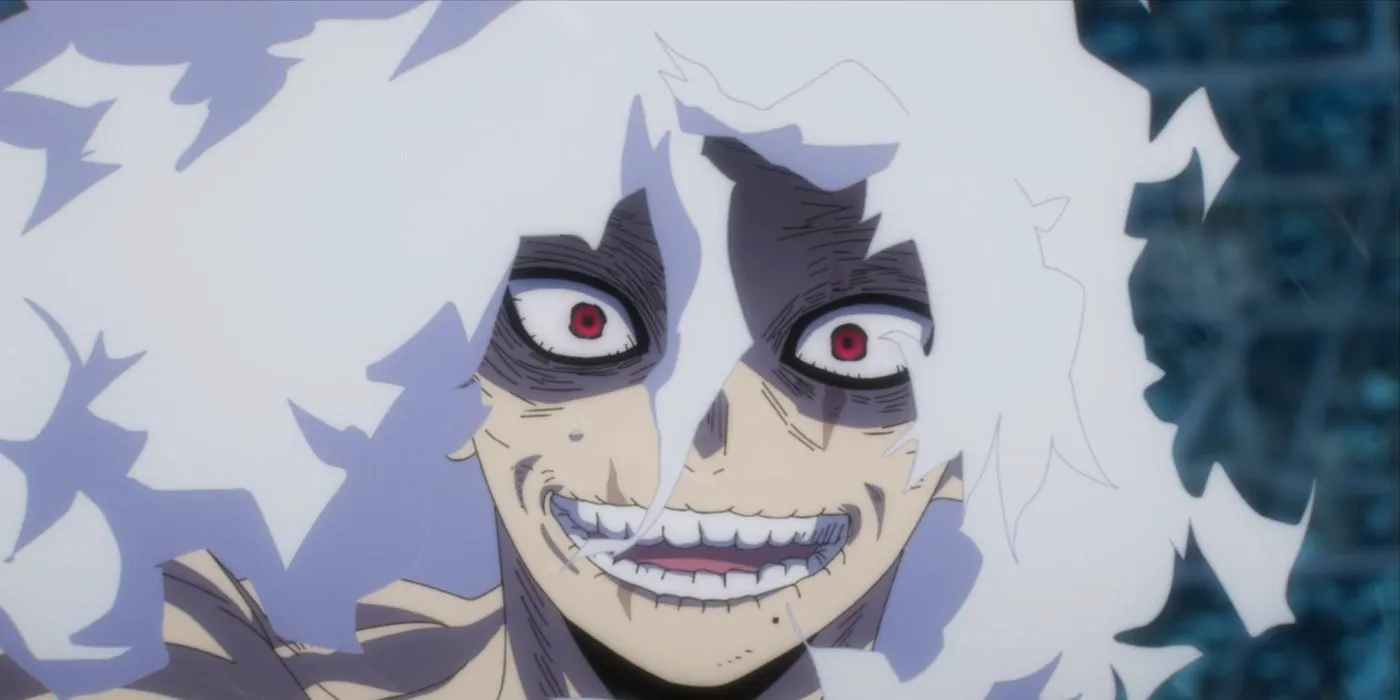 Shigaraki smiling with wild eyes and hair. Image