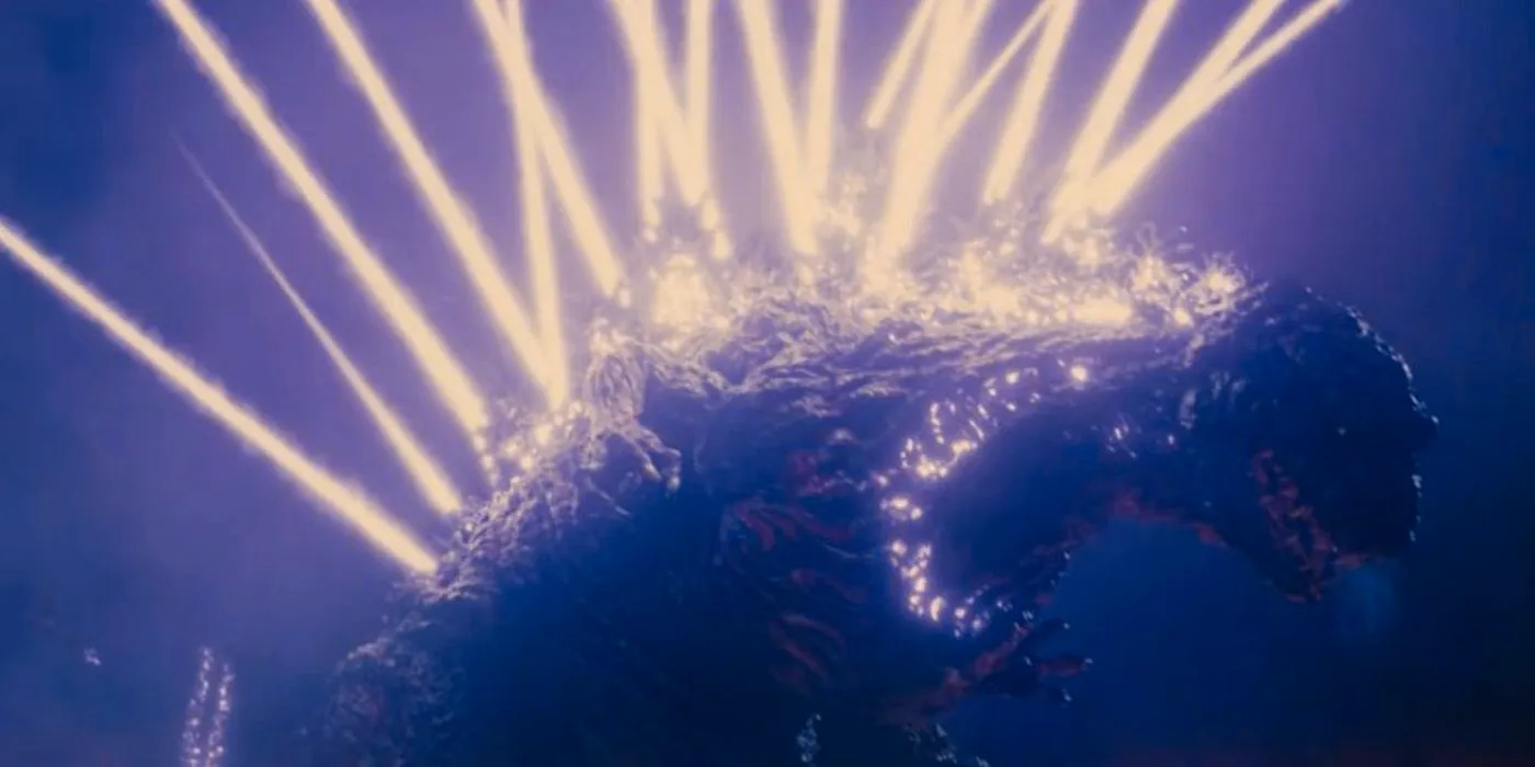 Shin Godzilla shooting rays out of his back. Image