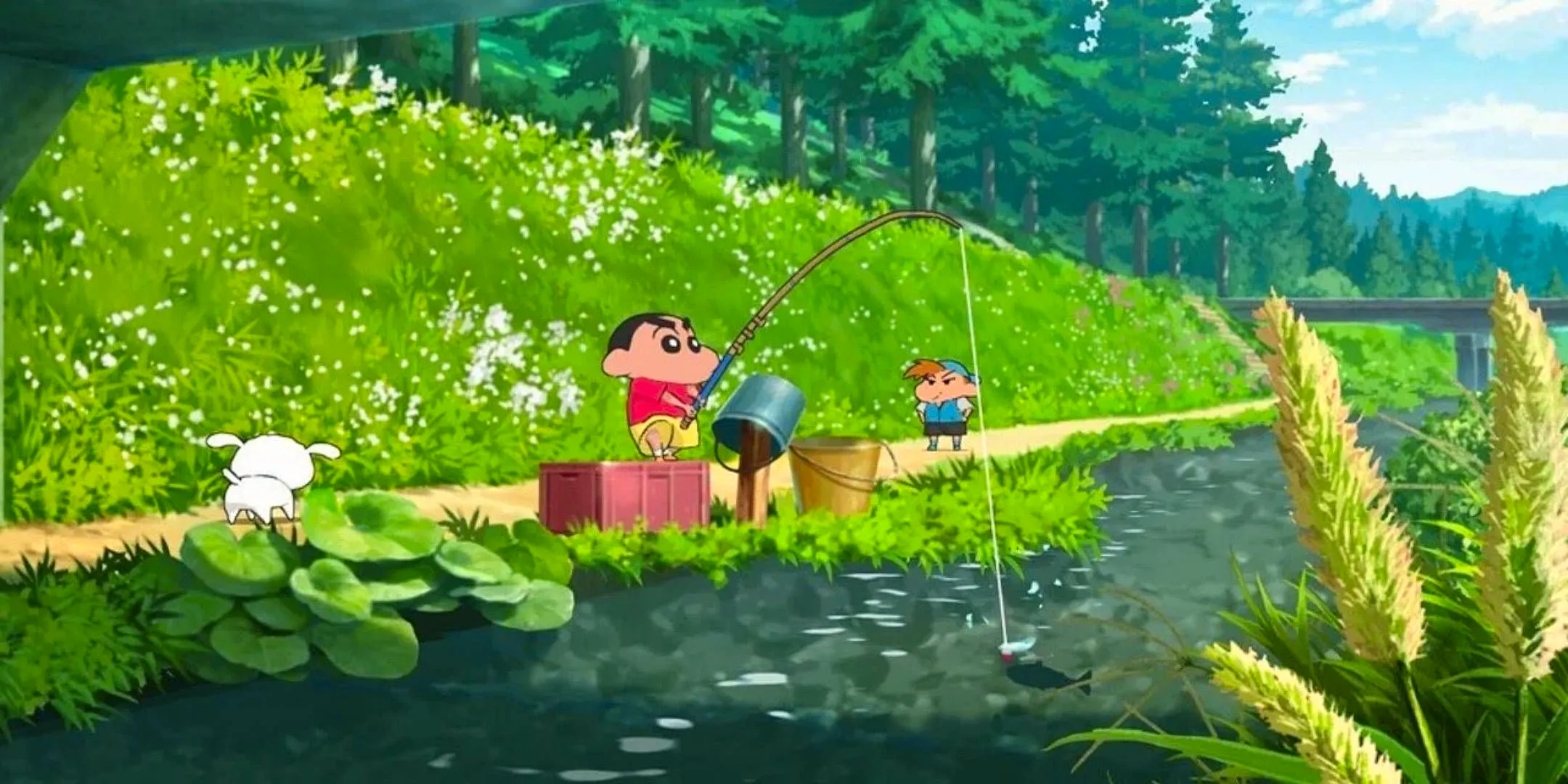 Shinnosuke fishing with his dog on a small river with trees in the distance while a friend watches from nearby in Shin Chan Shiro and the Coal Town. Image