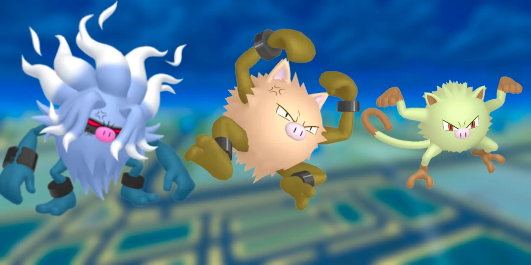 Shiny Mankey, Primeape, and Annihilape in Pokemon GO in order of their evolution chain Image