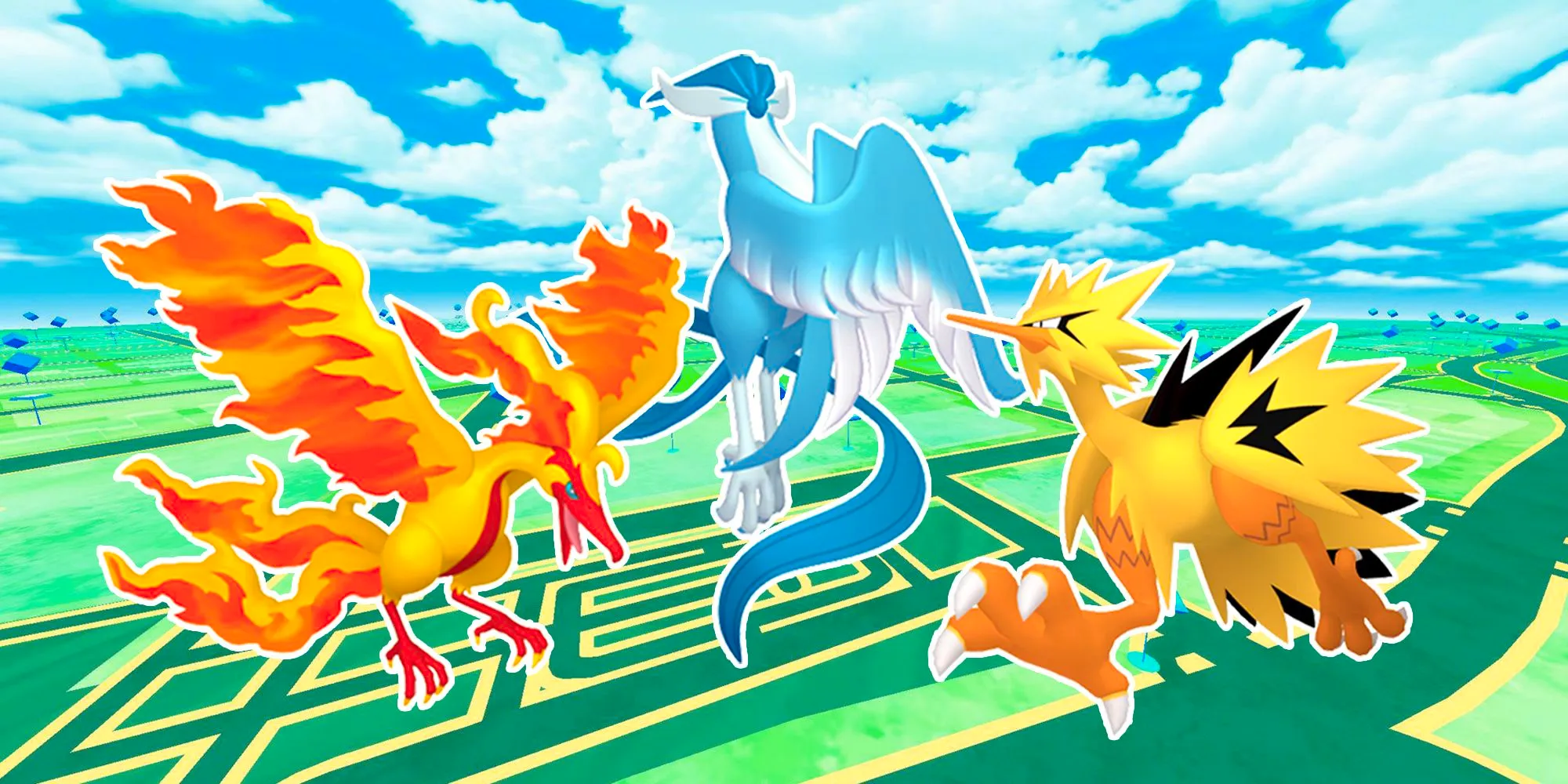 Shiny versions of Galarian Articuno, Galarian Moltres, and Galarian Zapdos on the Pokemon GO map Image