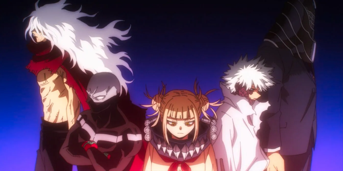 shot of All for One, Dabi, Toga, Twice, and Shigaraki, emphasizing Toga's feelings for them. Image