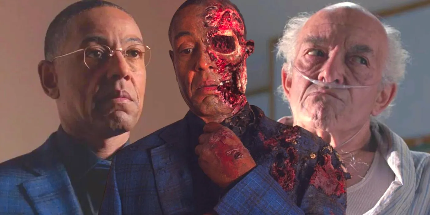 Shots of Hector Salamanca and Gus Fring moments before both died in Breaking Bad, centered with Gus adjusting his tie post-explosion. Image