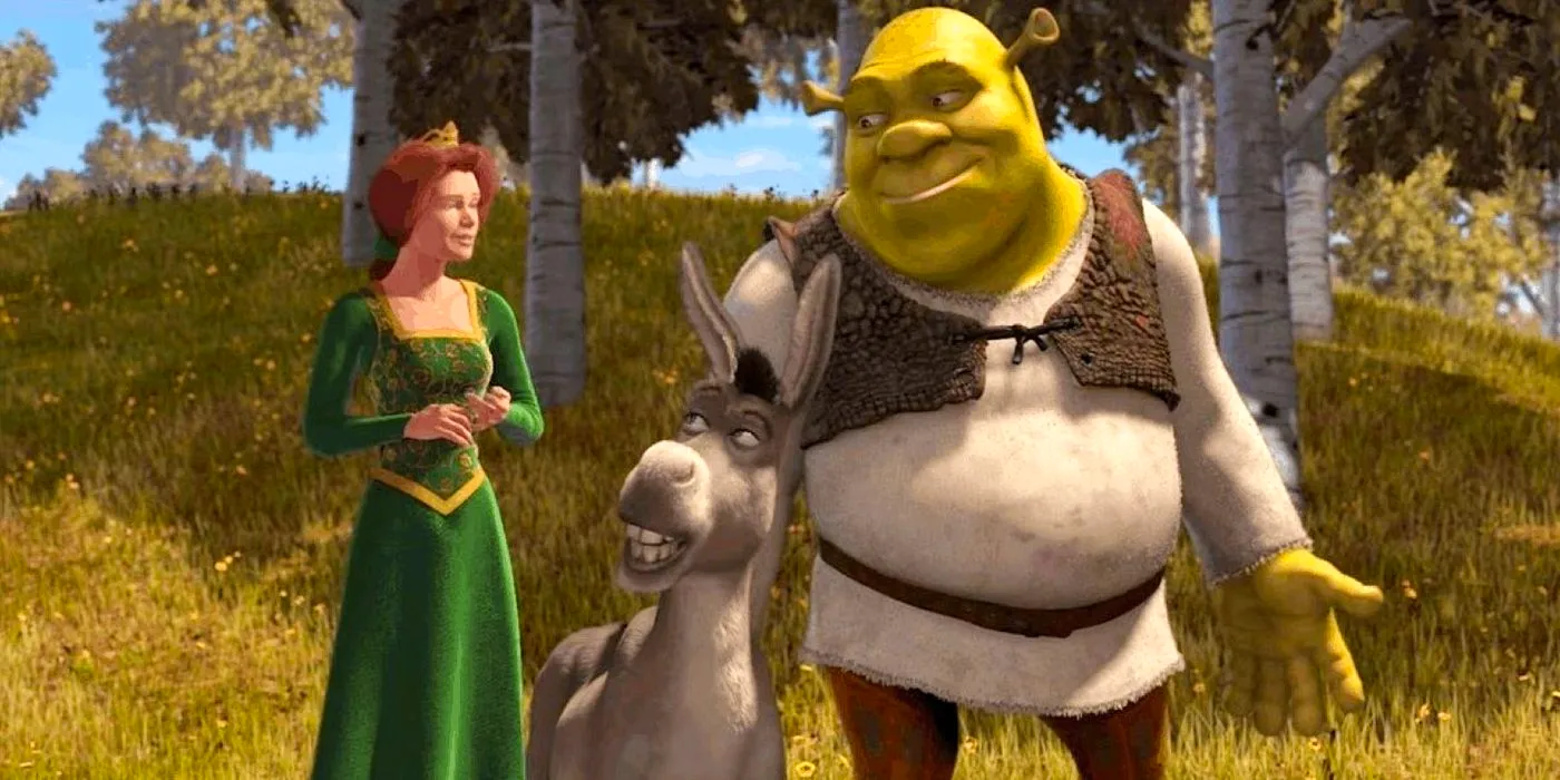 Shrek and Donkey look cheekily at Fiona as she smiles while standing on a grassy hill in Shrek Image