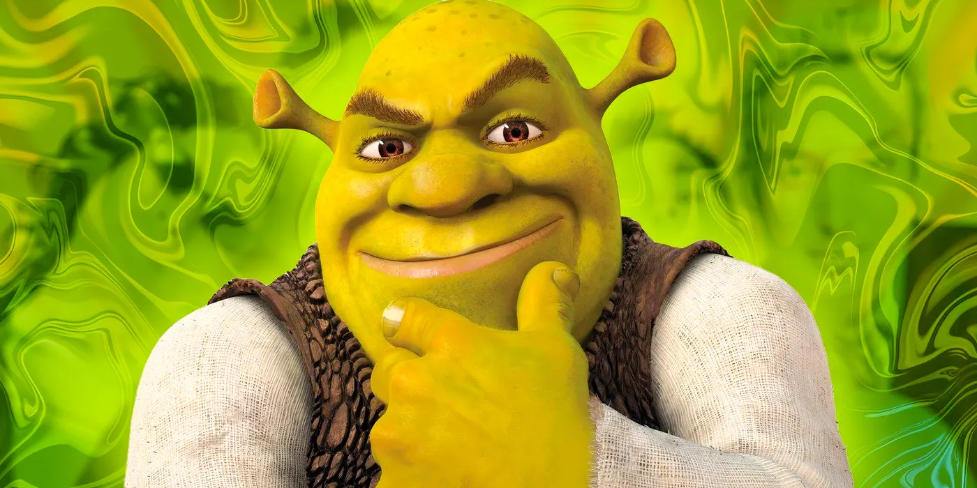 Shrek Holding a Hand to His Chin in Front of a Swirly Green Background Image