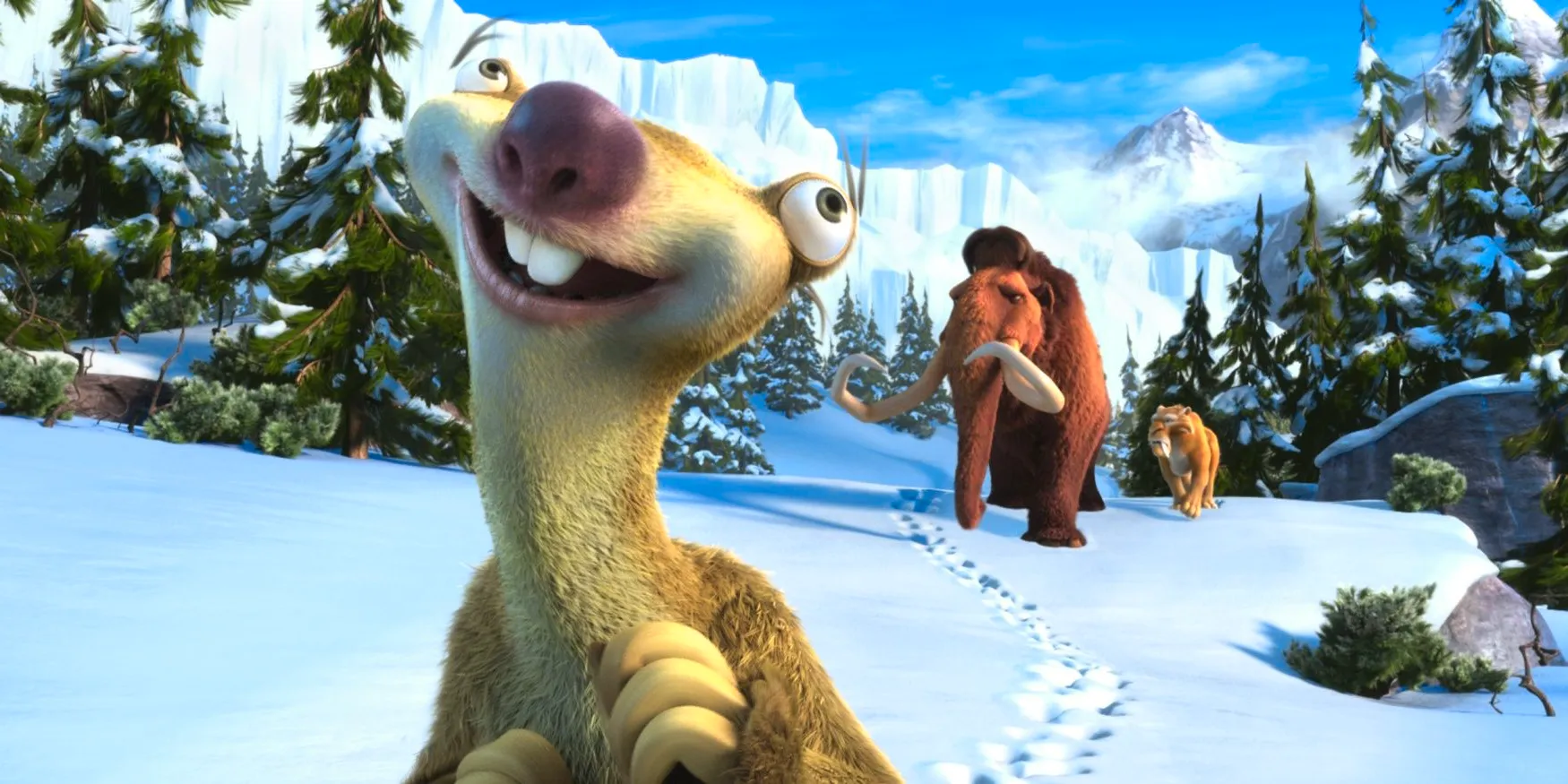 Sid in the foreground, with Manny and Diego in the background walking through snow in Ice Age Image