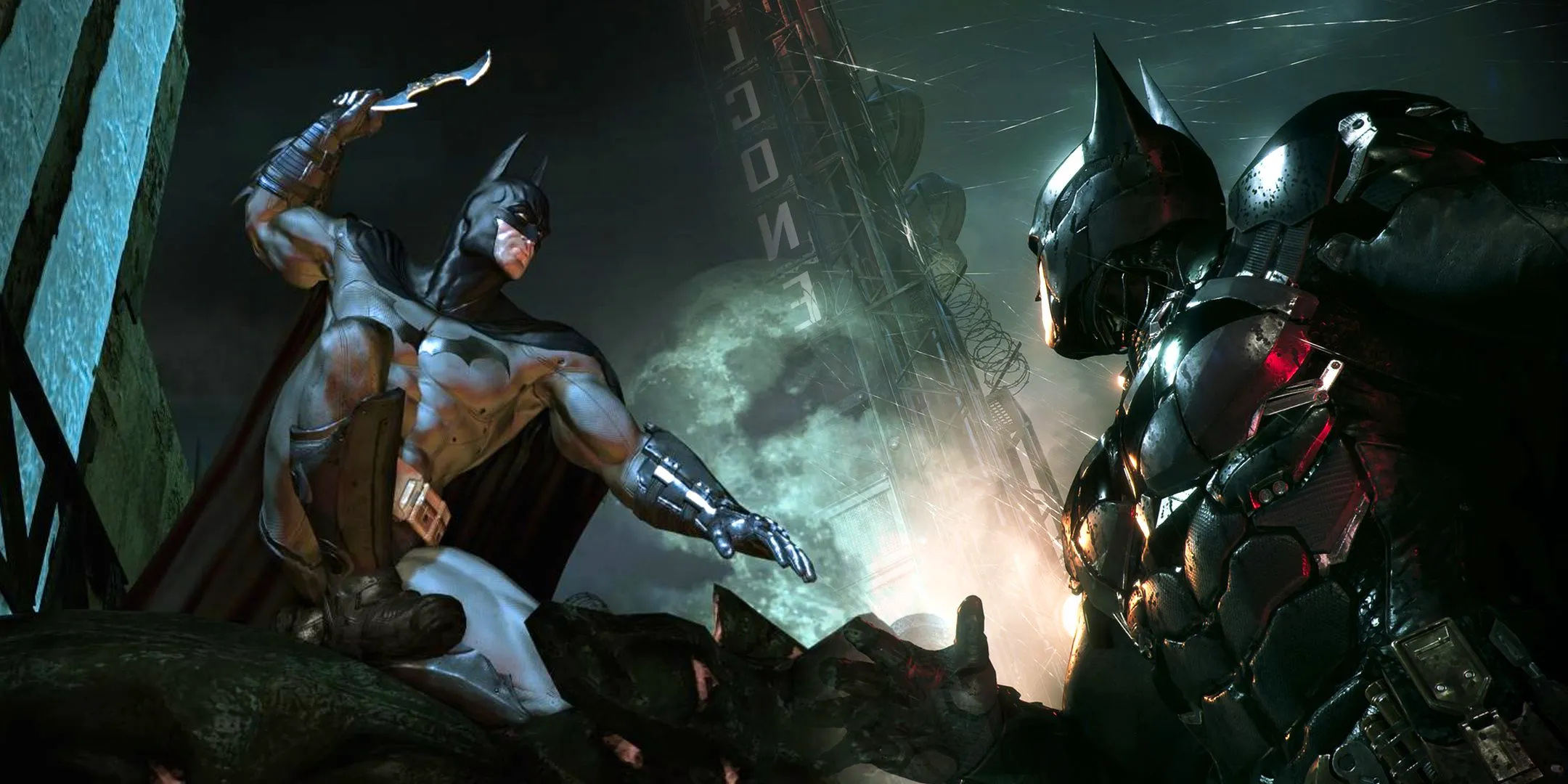 Side-by-side depictions of Batman from Arkham Knight and Arkham Asylum. Image