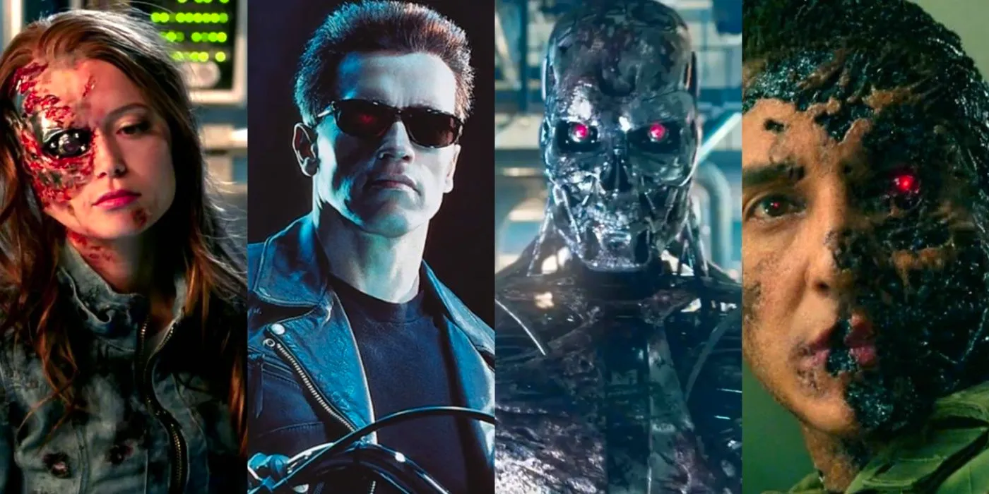 Side by side images feature Gabriel Luna, the metallic skeleton, Arnold Scwarzenegger, and Summer Glau as terminators in the Terminator franchise Image