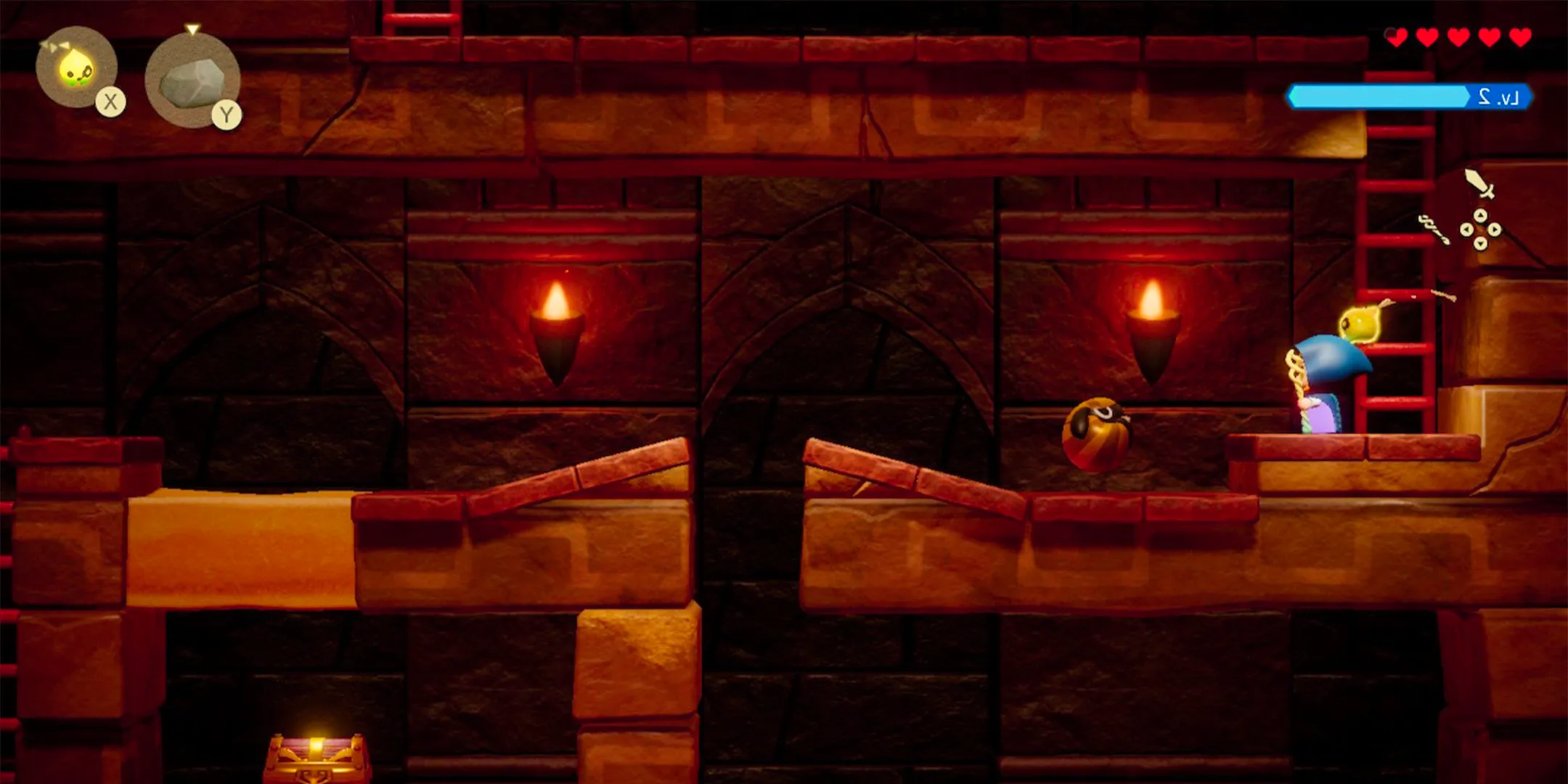 Side-scrolling segment in Zelda Echoes of Wisdom with a chest beneath a layer of sand. Image