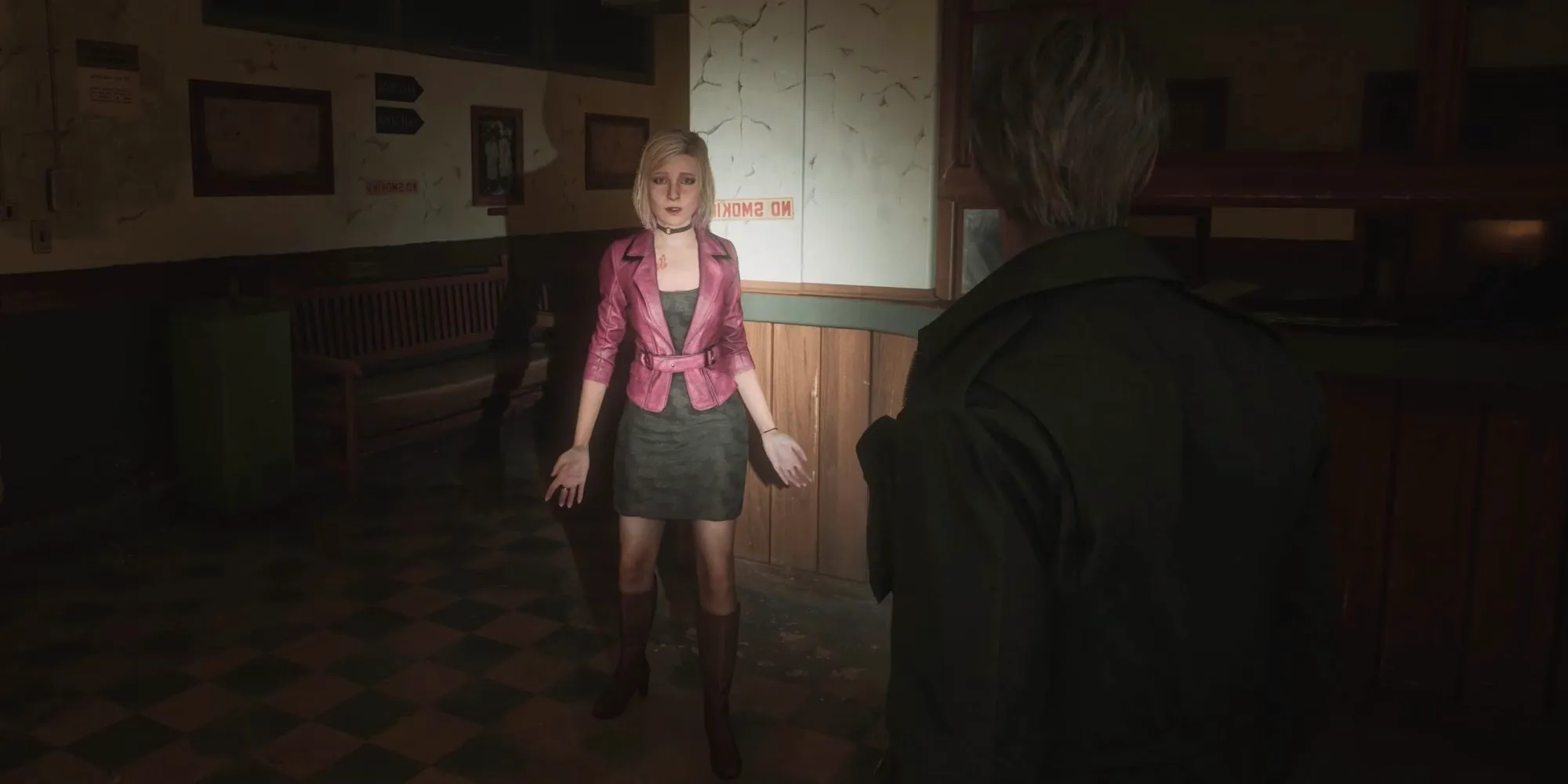 Silent Hill 2 Remake's Main Character, James, Shining A Light On Maria, Who Is Wearing A Black Dress And Pink Jacket. Image